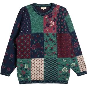 Vintage Patchwork Floral Geometric Knit Crewneck Sweater Navy Green L